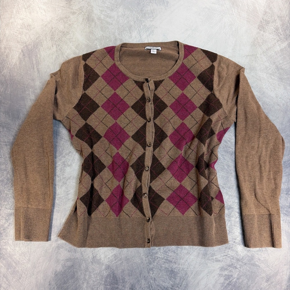 Croft & Barrow Cardigan Womens Large Brown Argyle Pima Cotton Blend Sweater